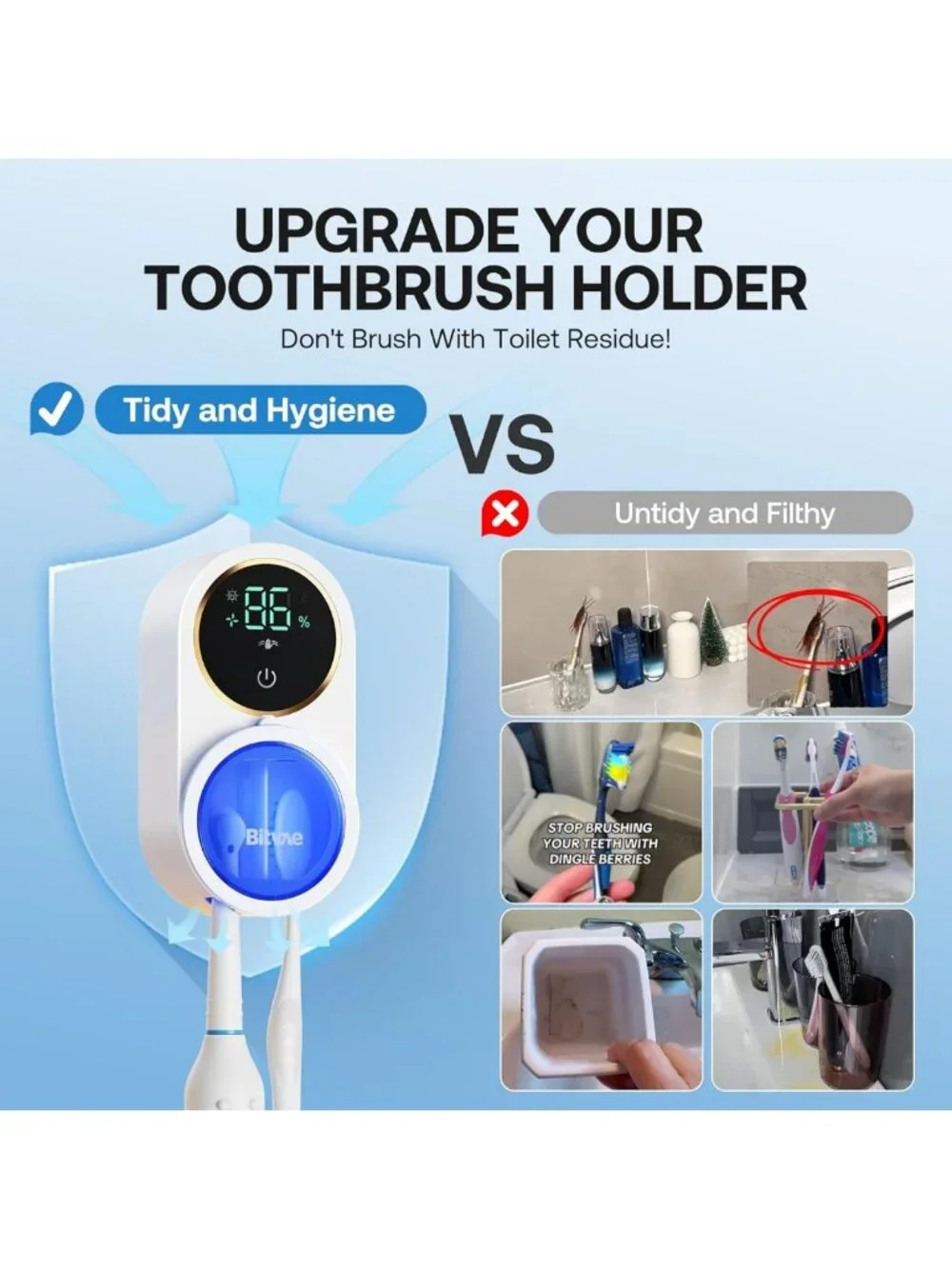 Wall-Mounted Toothbrush Holder with Infrared Sensing & LED Screen - Air Drying